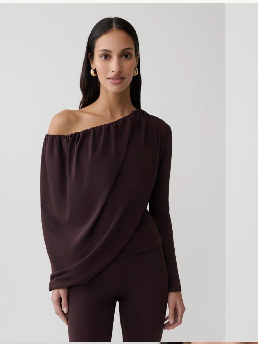 MESHKI Yuri Long Sleeve Off Shoulder Draped Top – Chocolate Brown